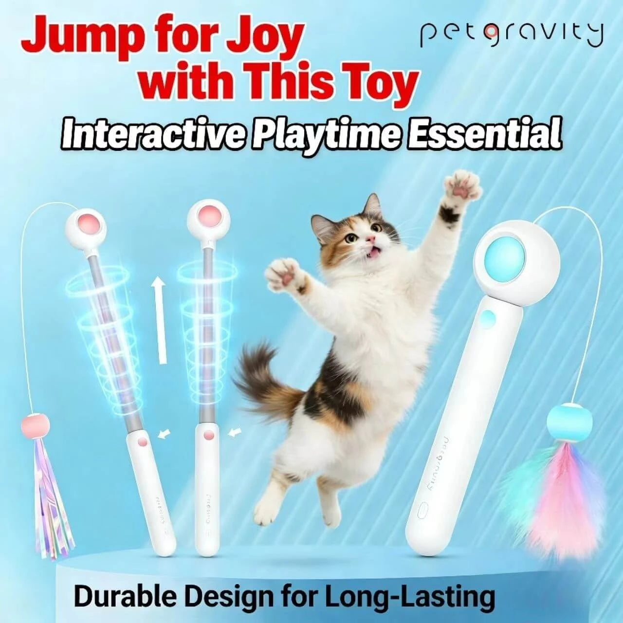Auto-Bounce Interactive Cat Teaser Wand - Retractable, LED Light, White
