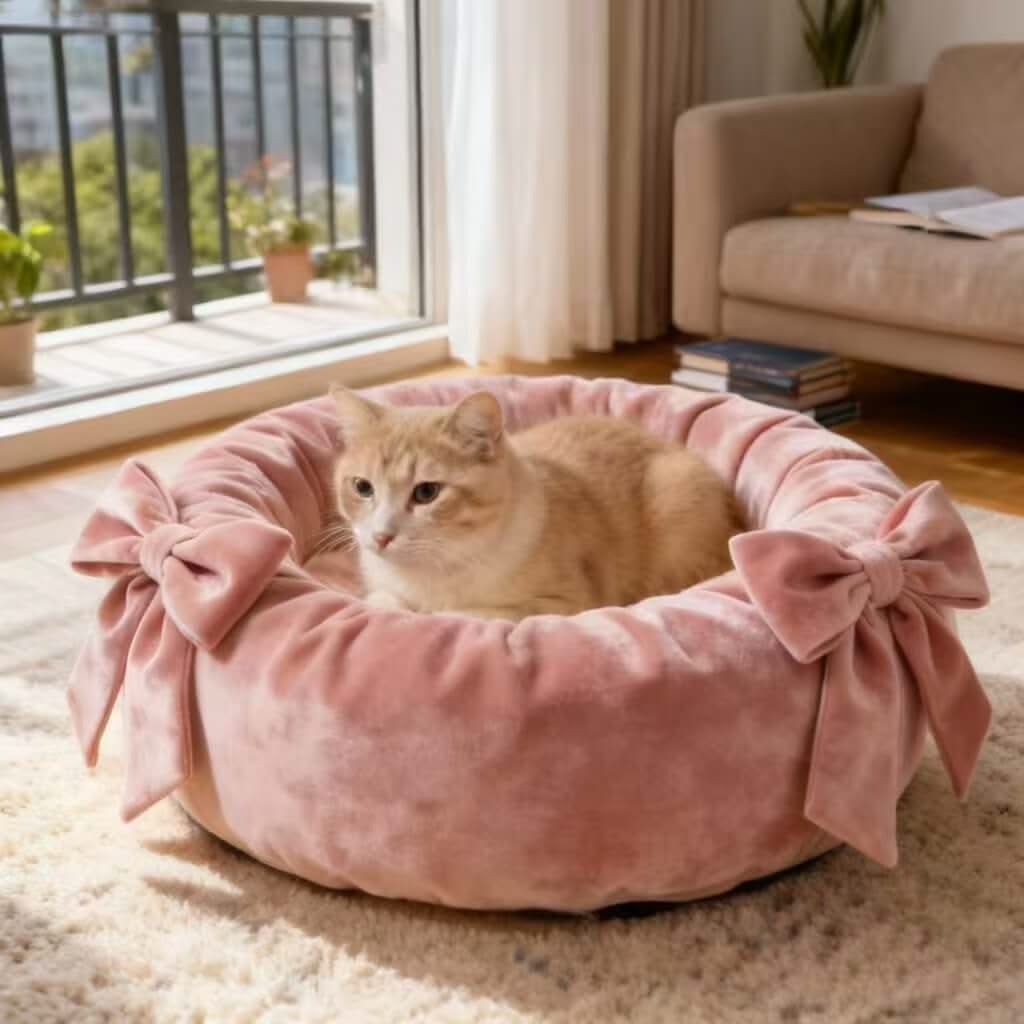 Velvet Pet Bed for Cats - Pink, Round, Bow Decor, Soft Plush