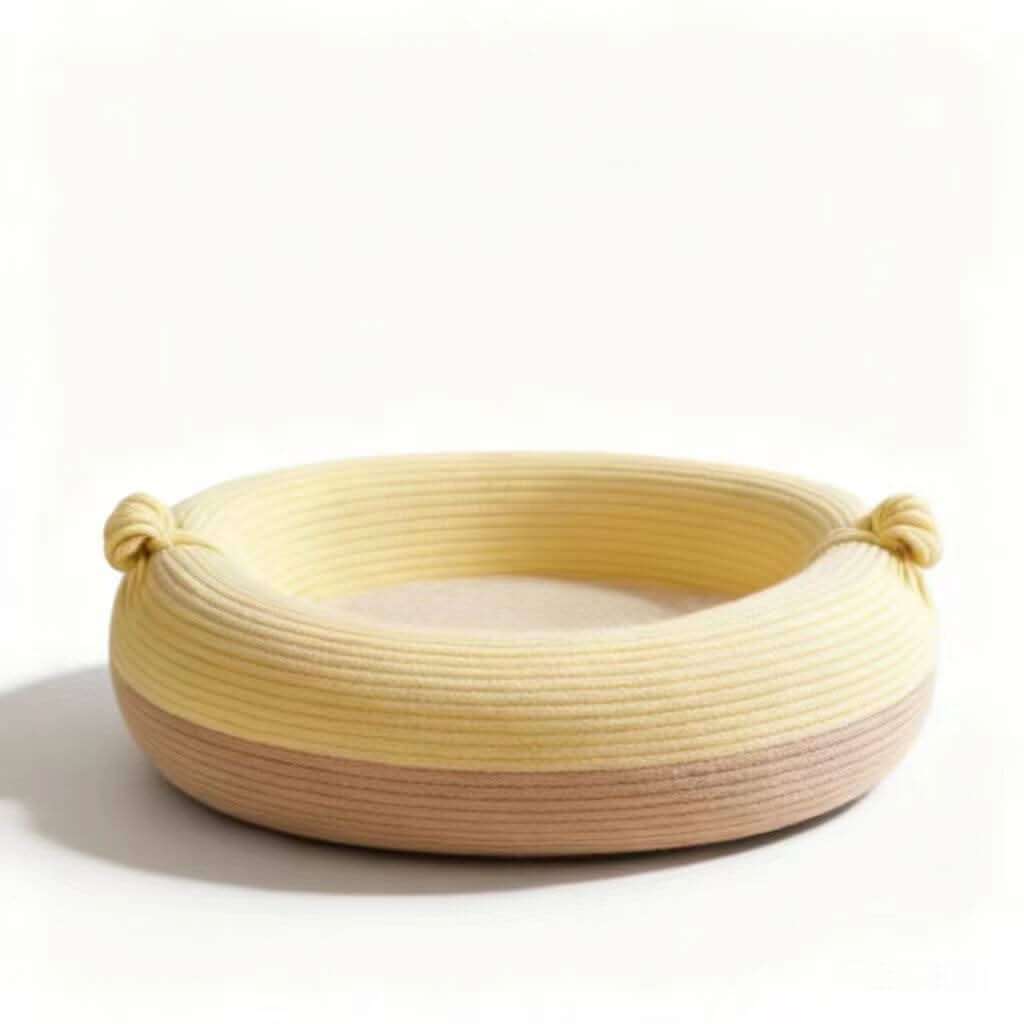 Cozy Knitted Pet Bed for Cats - Yellow-Beige, Round, Knot Decor, Soft Yarn Fabric