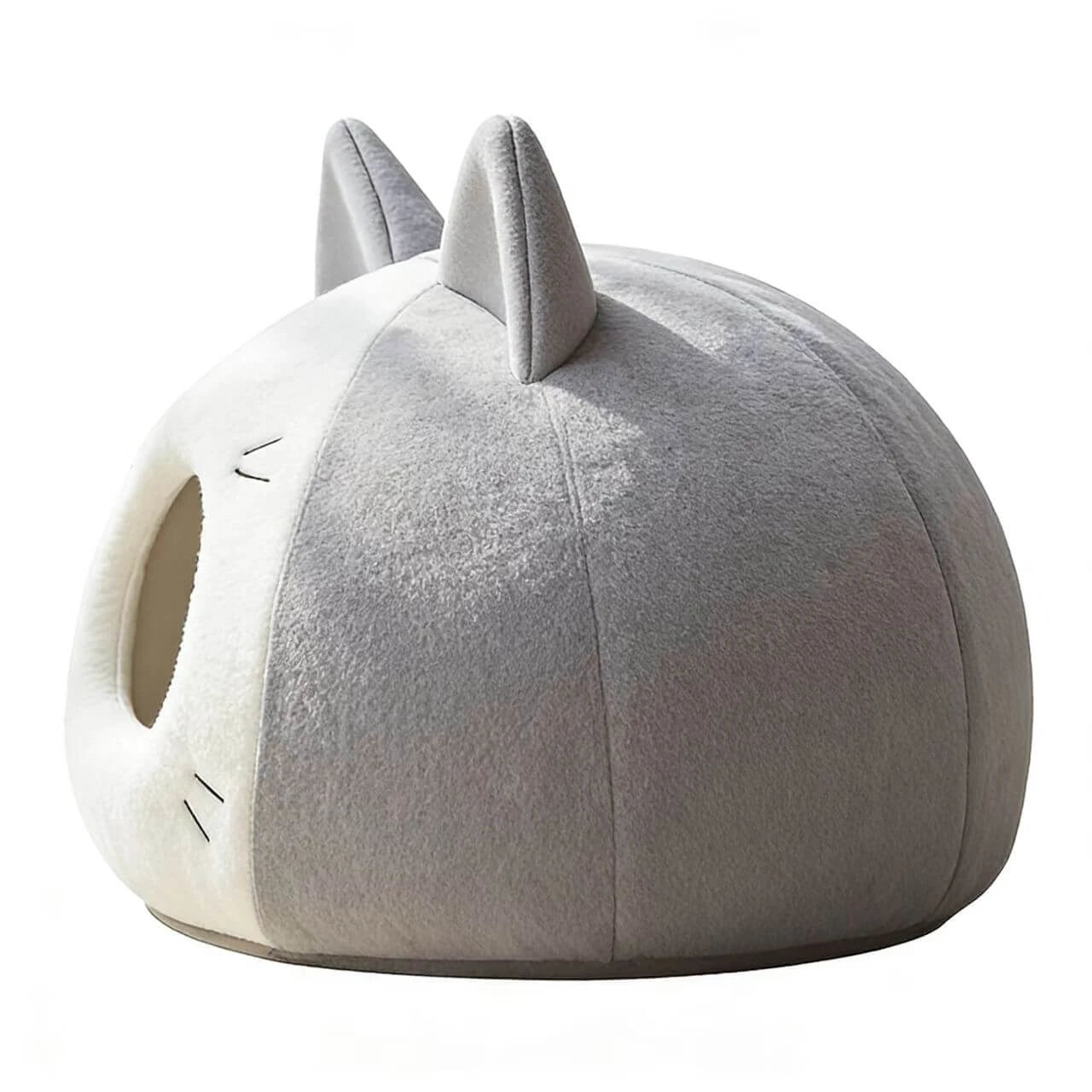 Warm Enclosed Pet Bed for Cats - Cat Face Shape, Soft Plush, Grey/White Rest Cave