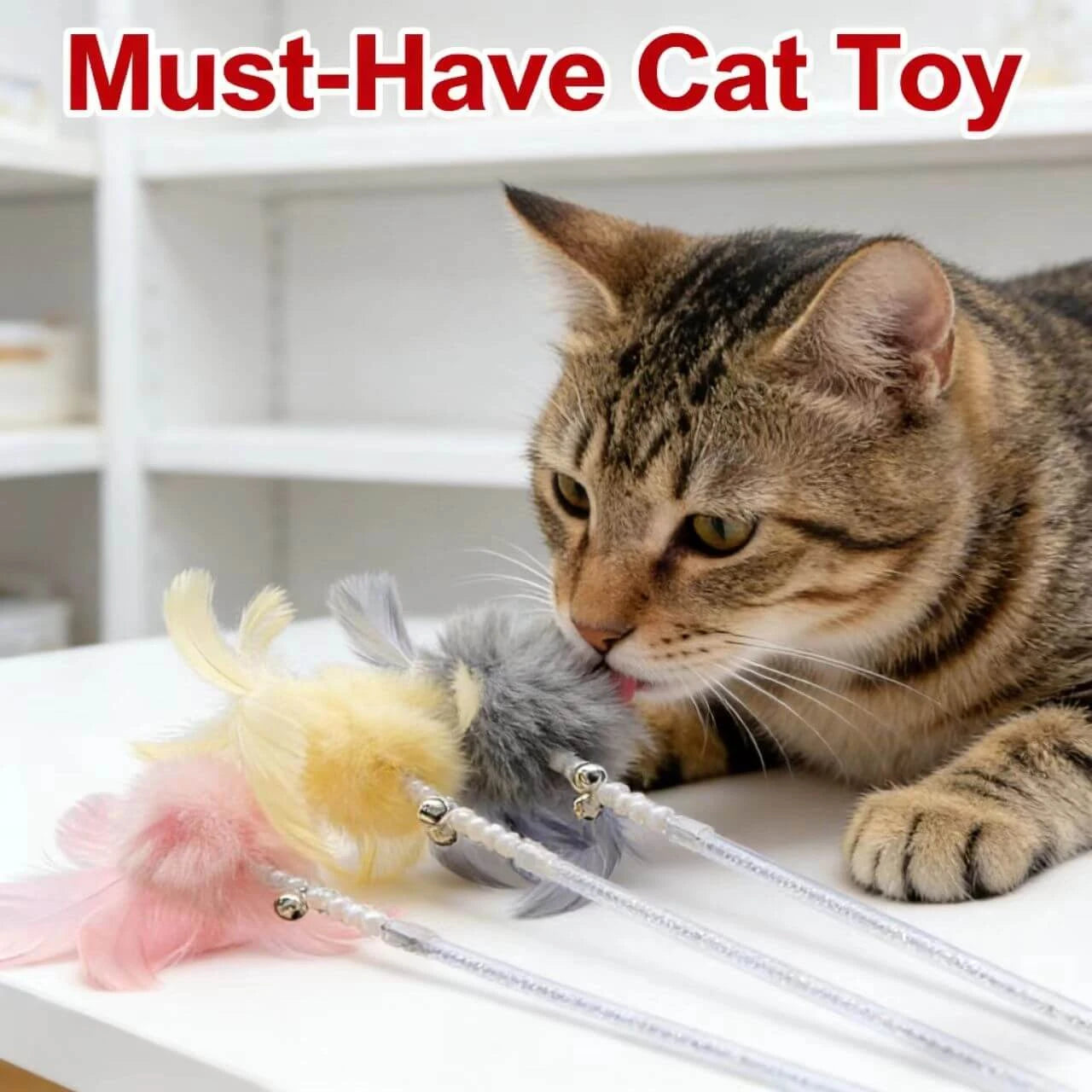 Interactive Cat Teaser Wand - Feather & Pom-Pom, Sparkle Stick, Multi-Color