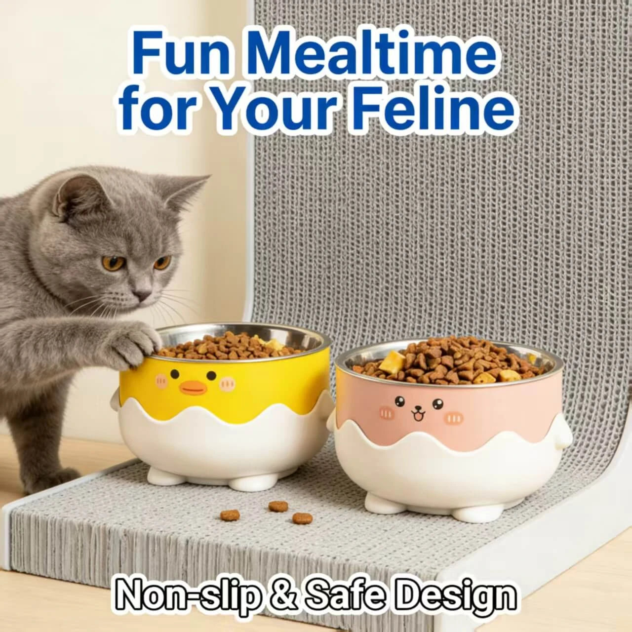 Elevated Cute Pet Bowl - Stainless Steel, Non-Slip, Yellow & Pink
