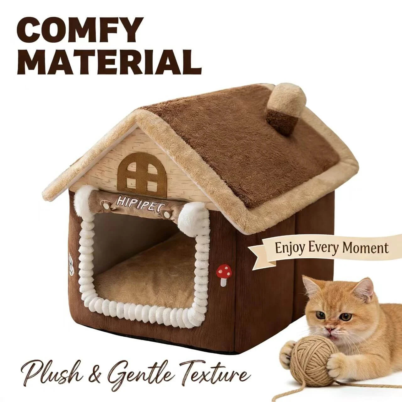 Warm Enclosed Pet Bed for Cats - Cottage-Style, Plush Fabric, Brown & Beige