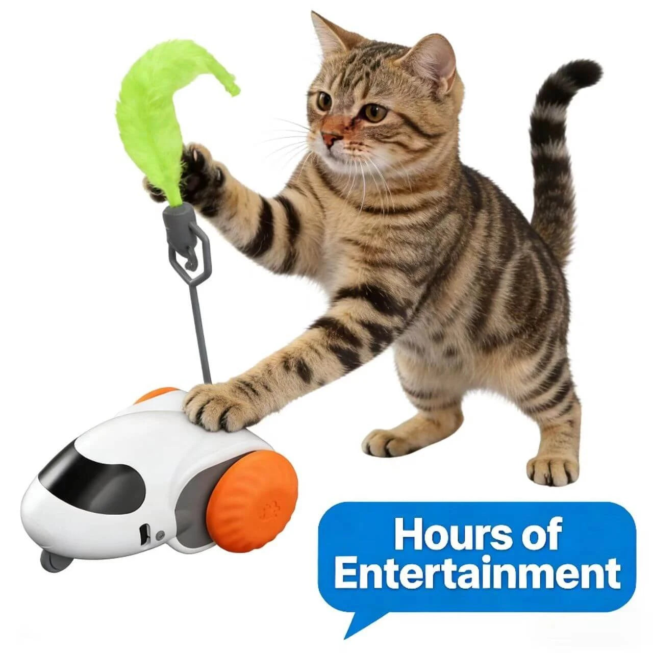 Robot Cat Teaser Toy - Auto-Rotating Feather, Interactive Play, White & Orange