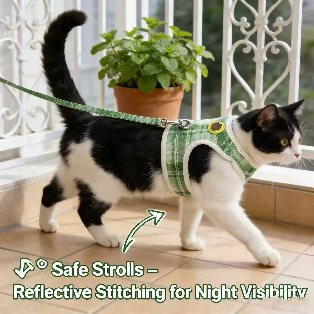 Escape-Proof Cat Harness & Leash: Frog Accent, Plaid Fabric