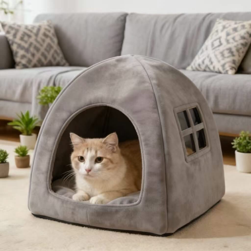 Cozy Pet Cave Bed for Cats - Gray, Tent Design, Window Decor, Soft Plush