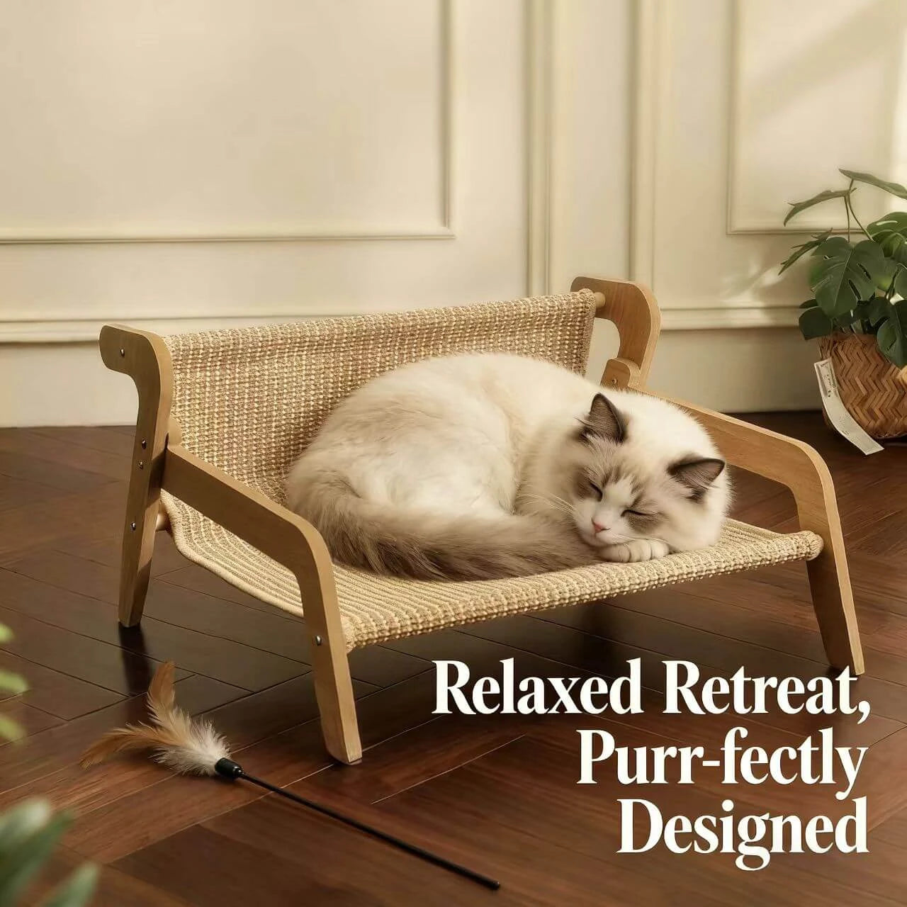 Rest & Scratching Cat Chair & Scratcher for Cats - Wood Frame, Woven Rope, Beige