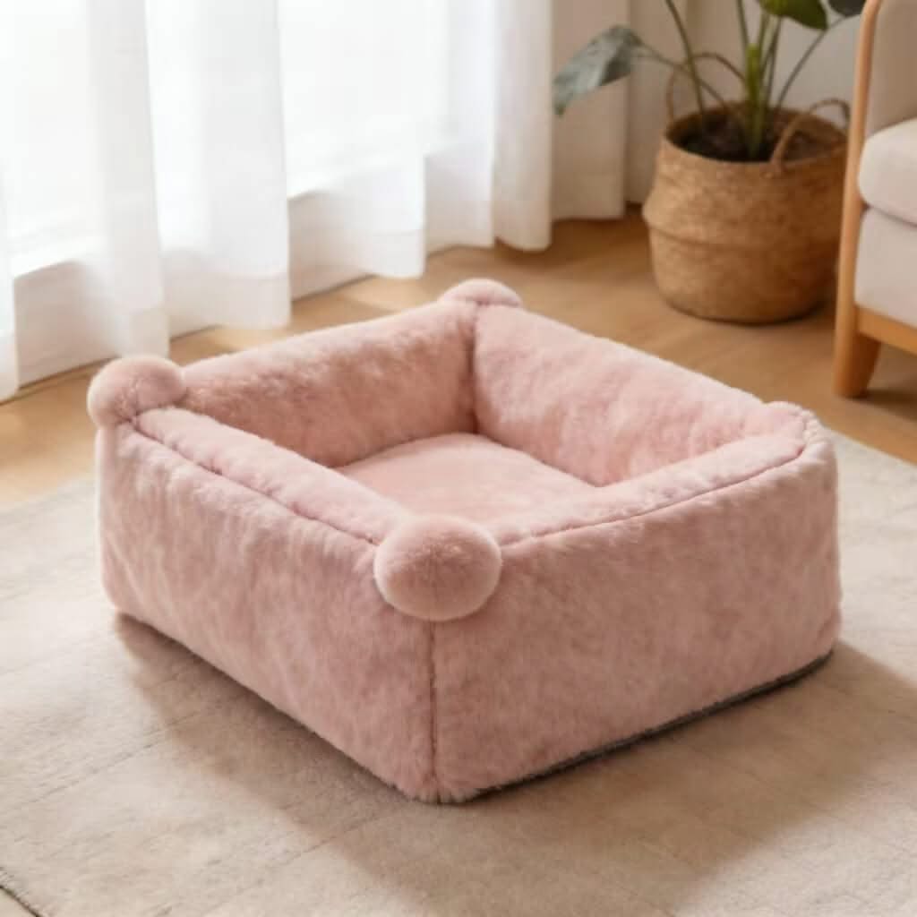 Pom-Pom Pet Bed for Cats - Pink, Plush, Soft Cushion, Cute Design, All-Season