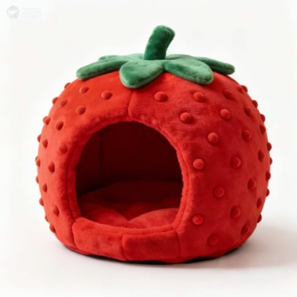 Strawberry-Shaped Pet Cave Bed for Cats - Red-Green, Plush, Cute Dot Decor