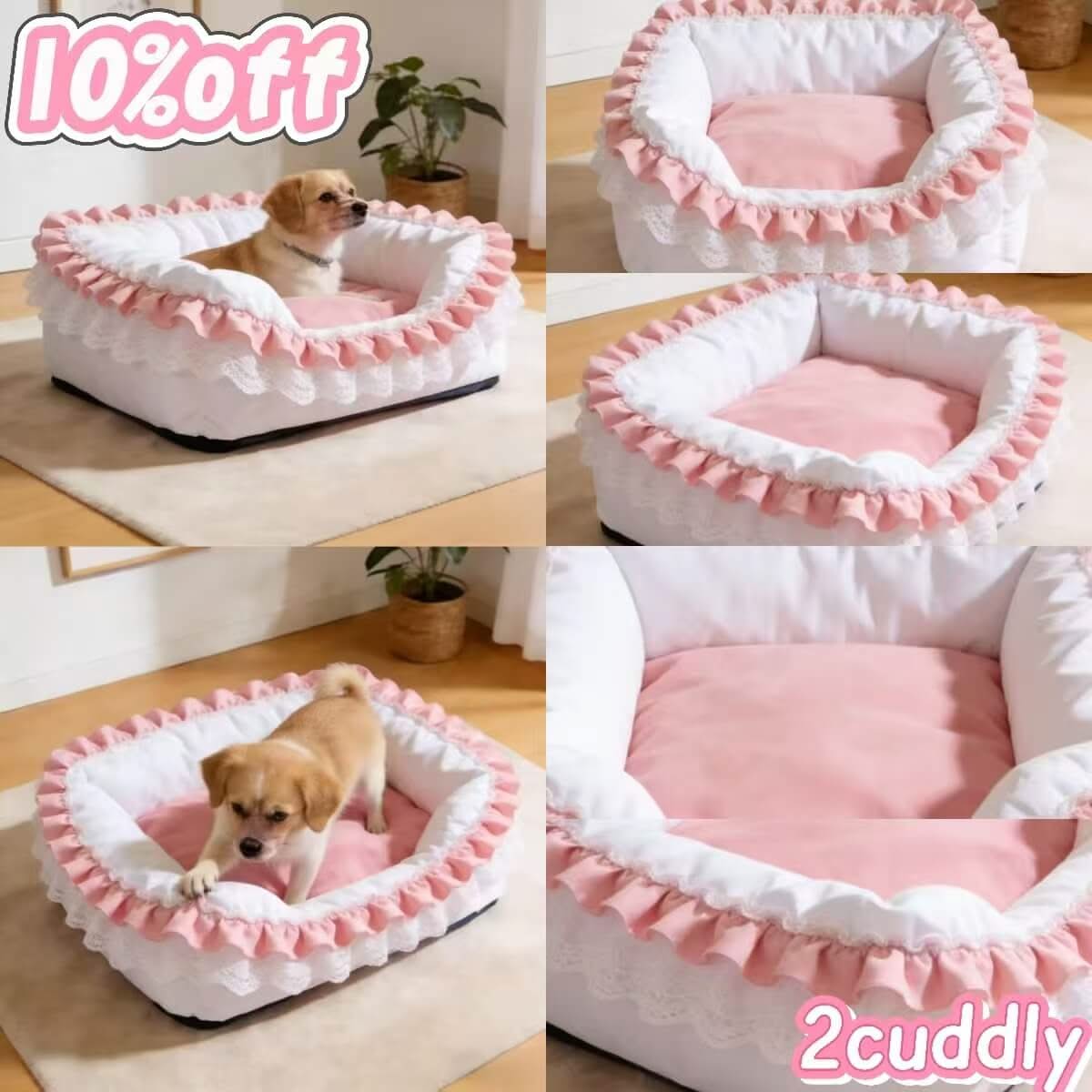 Cuddly Pet Bed for Dogs - Pink-White, Square, Ruffle Lace Decor, Soft Fabric
