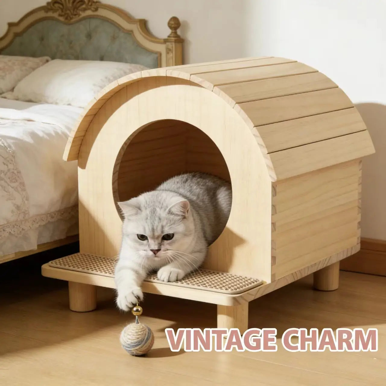 Premium Arched Wooden Cat Bed: Elevated Hideaway with Scratcher Step, for Indoor Cat Comfort