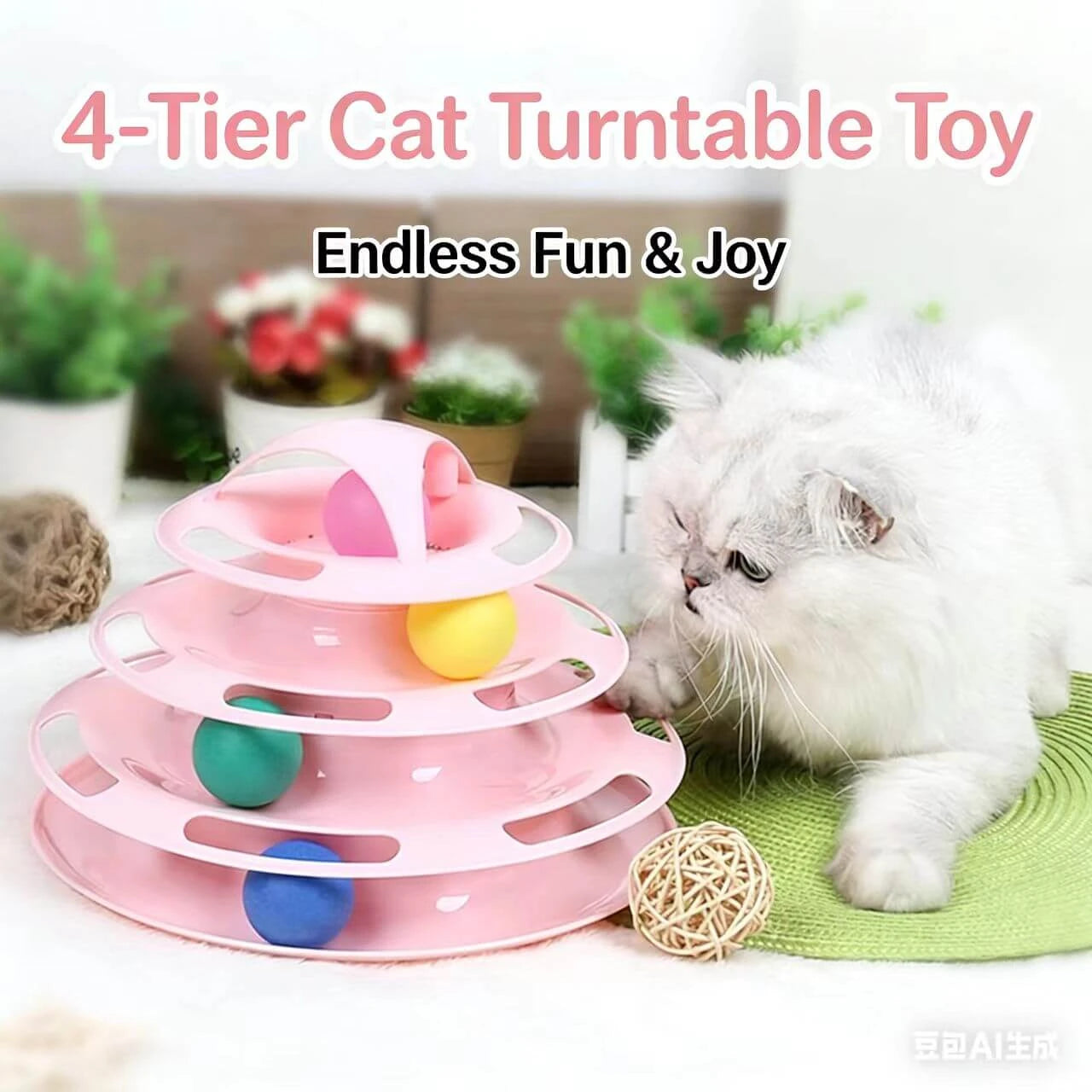 Tower Cat Toy - 5 Levels, Rolling Balls, Light Blue, Interactive Play