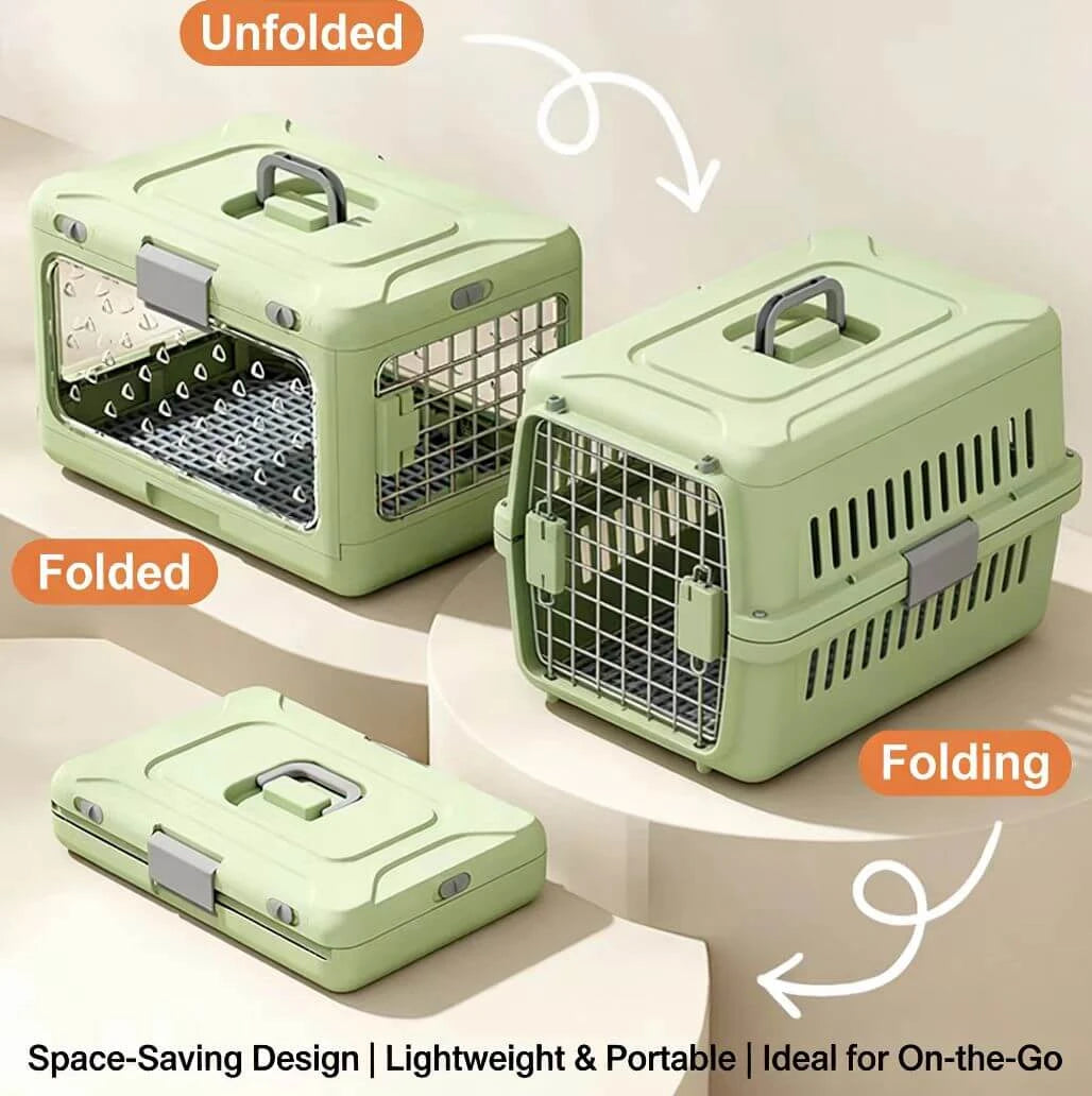 Secure Cat & Dog Carrier Crate - Metal Door, Easy Clean, Green