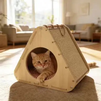 Triangle Cat Scratcher: Hideaway & Scratch, Wooden Frame, Durable Surface (Beige-Red)