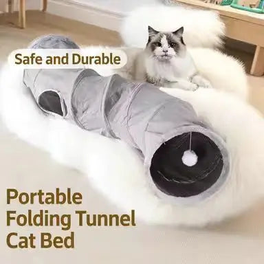 Flexible Interactive-Toy Cat Tunnel: Gray Furry-Trim Design for Cats (All-Season)