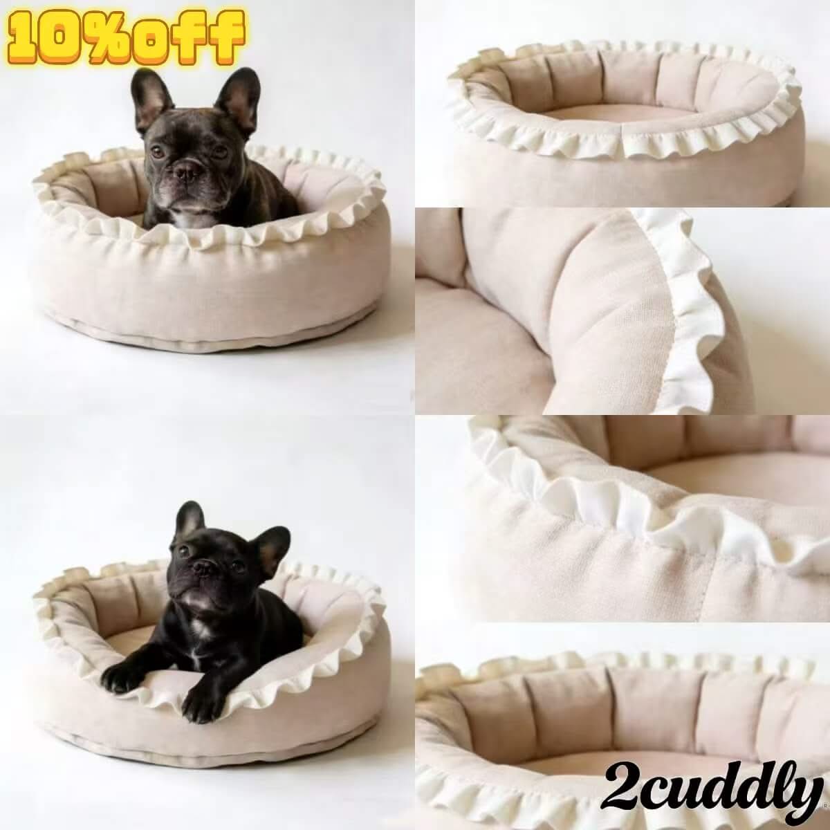 Balcony-Ready Pet Bed for Dogs - Round, Beige, Ruffled Edge, Soft Padding, Outdoor-Friendly