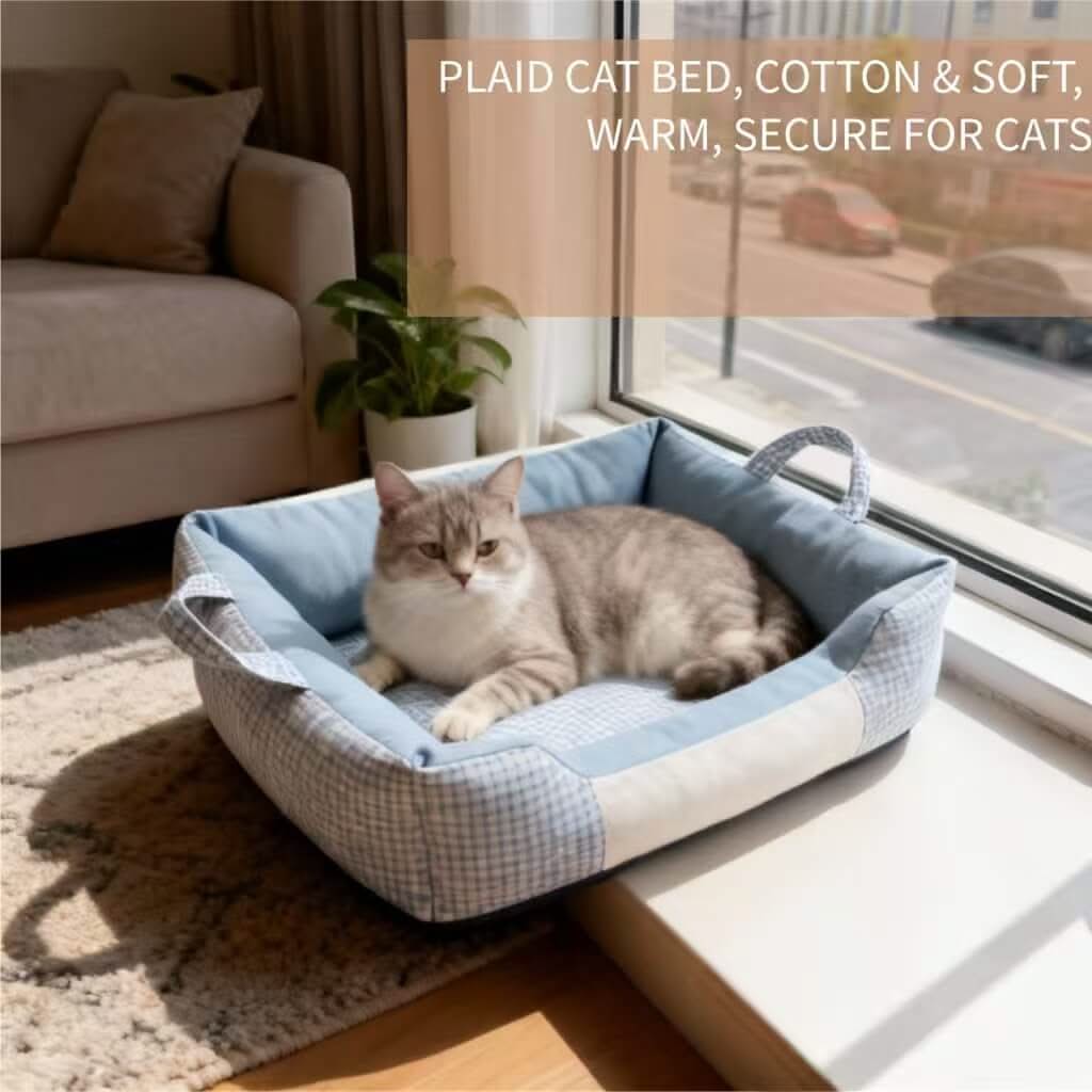 Portable Pet Bed for Cats - Blue Plaid, Square, Handle Design, Soft Fabric