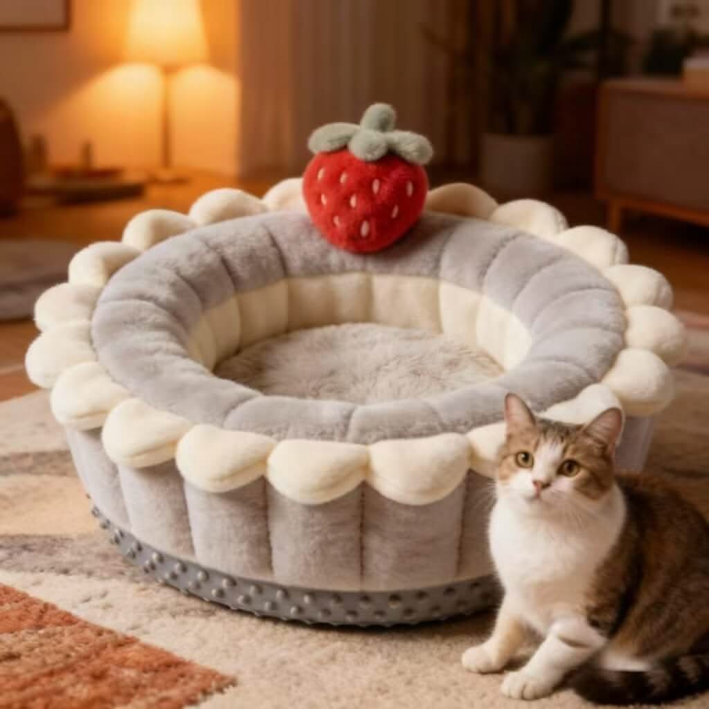 Adorable Cake-Shaped Pet Bed for Cats- Strawberry Decor, Plush Fabric, Gray-White, All-Season