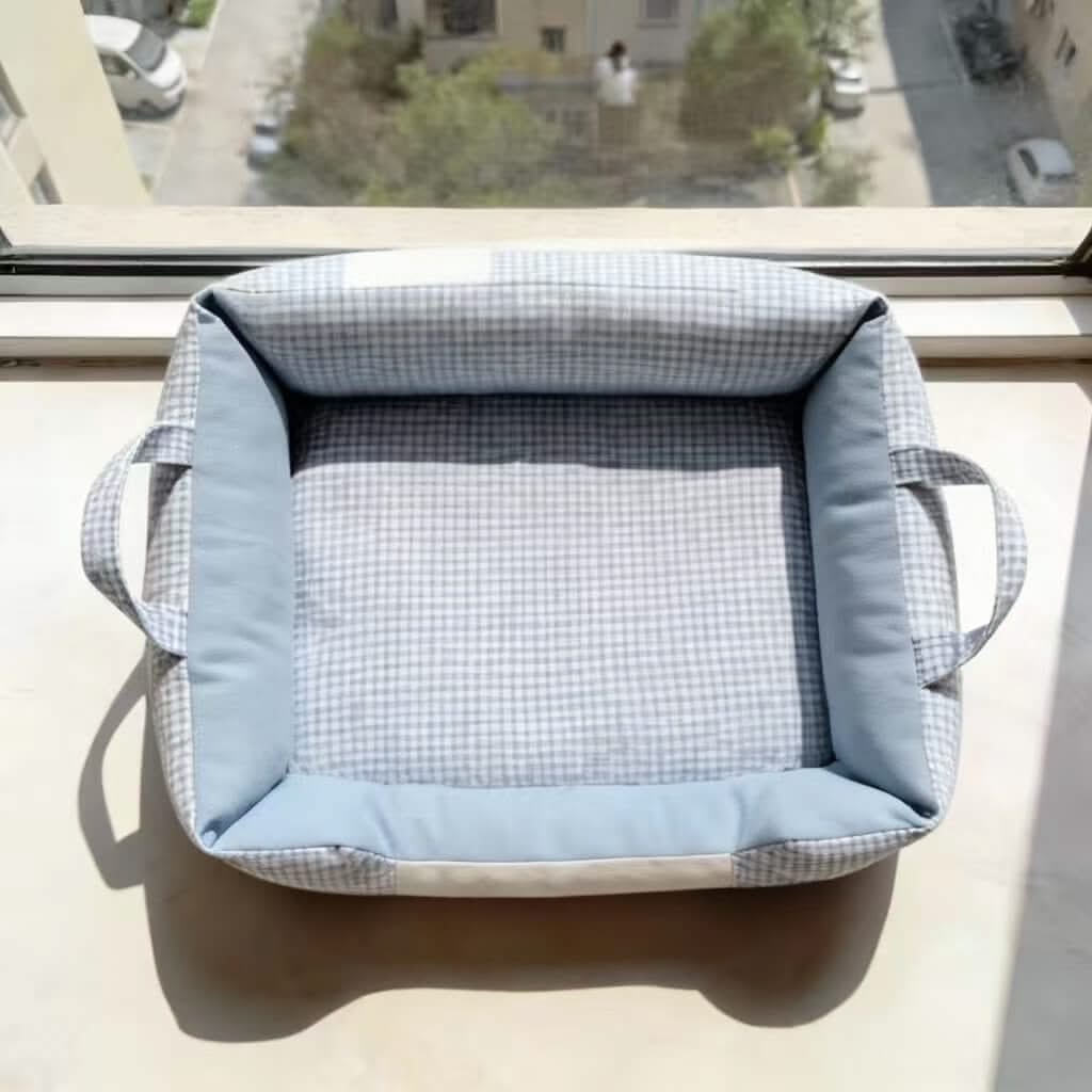 Portable Pet Bed for Cats - Blue Plaid, Square, Handle Design, Soft Fabric