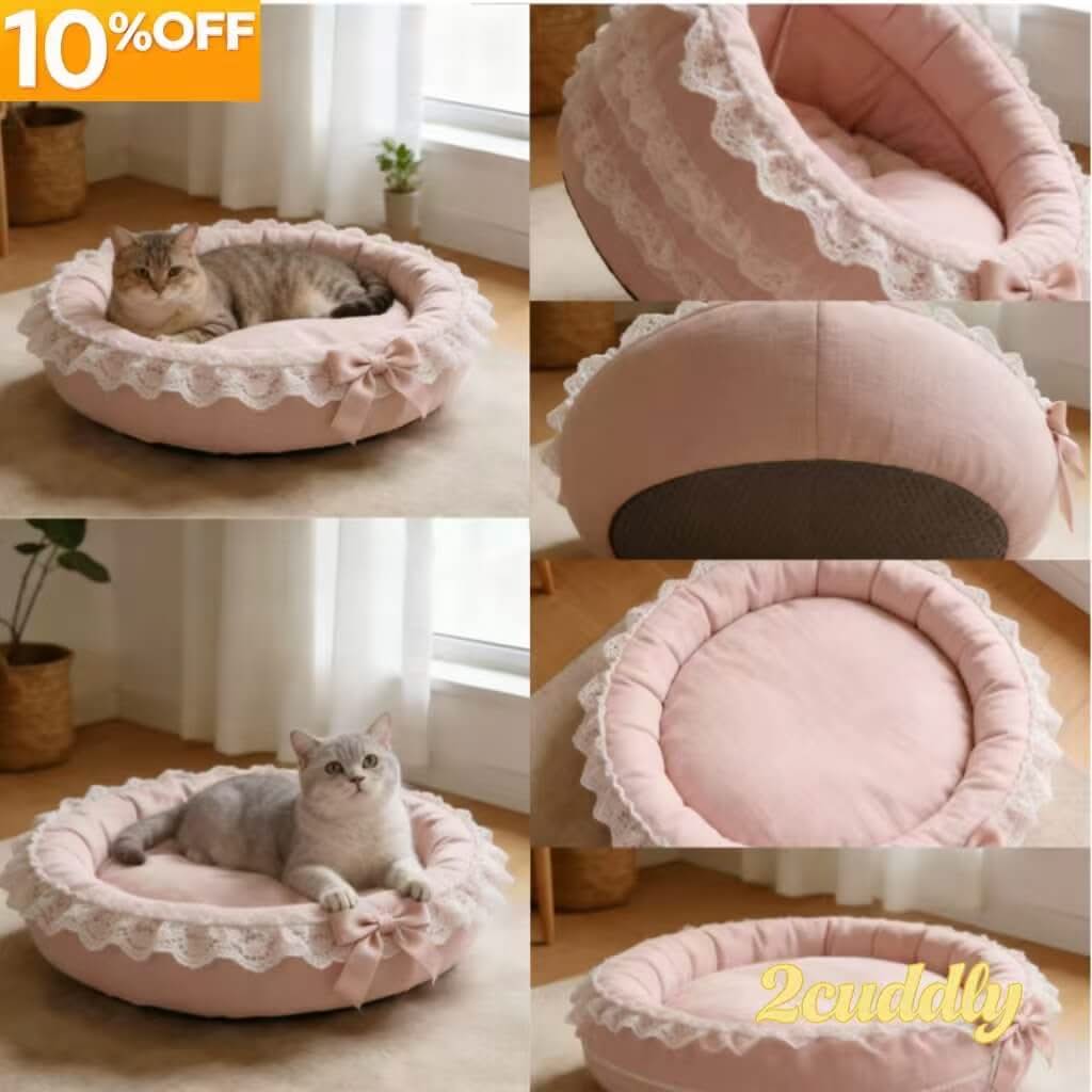 Elegant Lace Pet Bed for Cats - Pink, Bow Decor, Round, Soft Cushion, All-Season