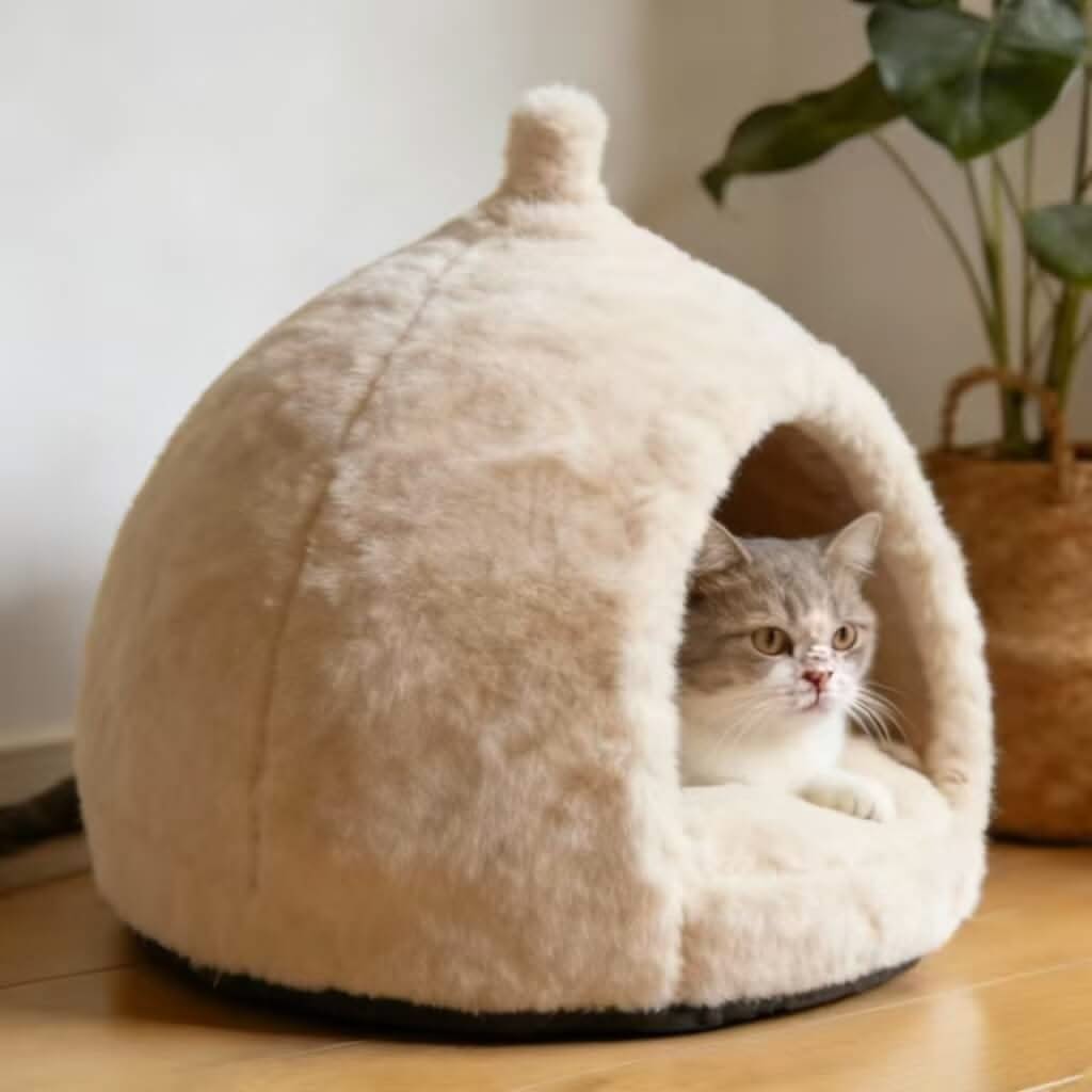Furry Dome Pet Cave Bed for Cats - Cream, Pom-Pom Top, Plush, Cozy Hiding Spot, All-Season