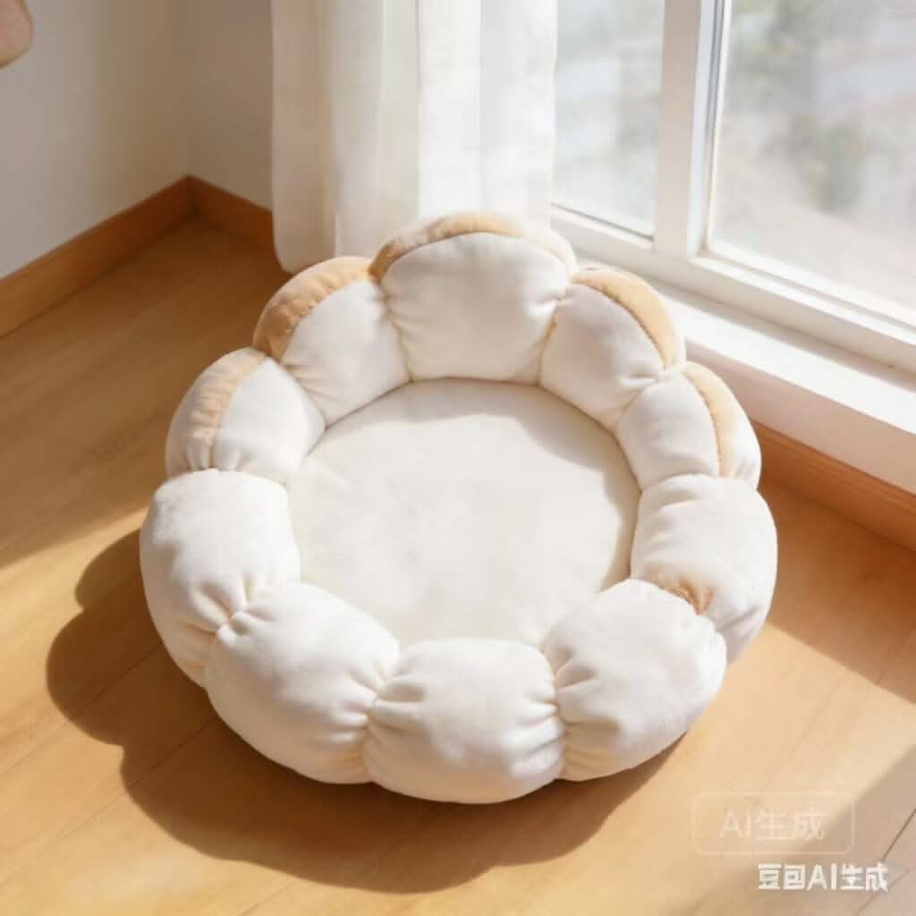 Plush Comfort Pet Bed for Cats- Flower-Shaped, Soft Fleece, Cozy Cushion (Beige-White, All-Season)
