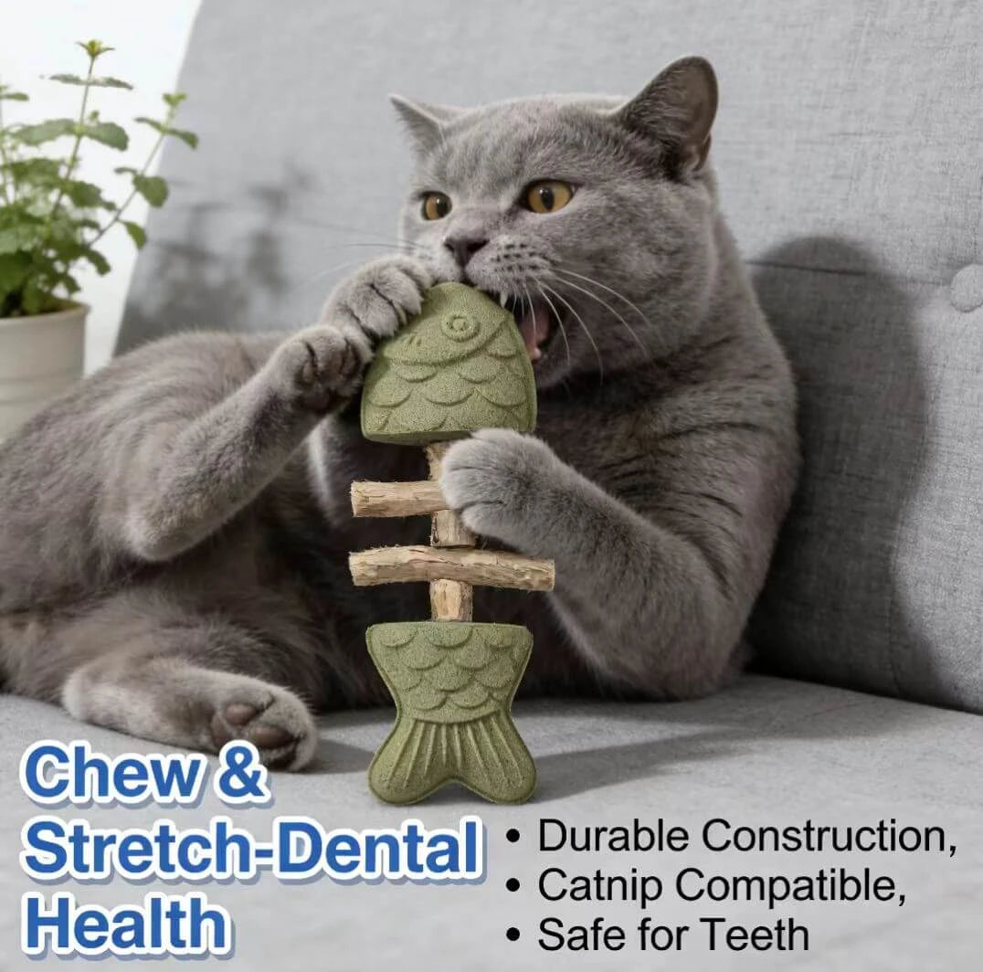 Interactive Cat Chew Stick - Fishbone Shape, Silvervine & Catnip, Green