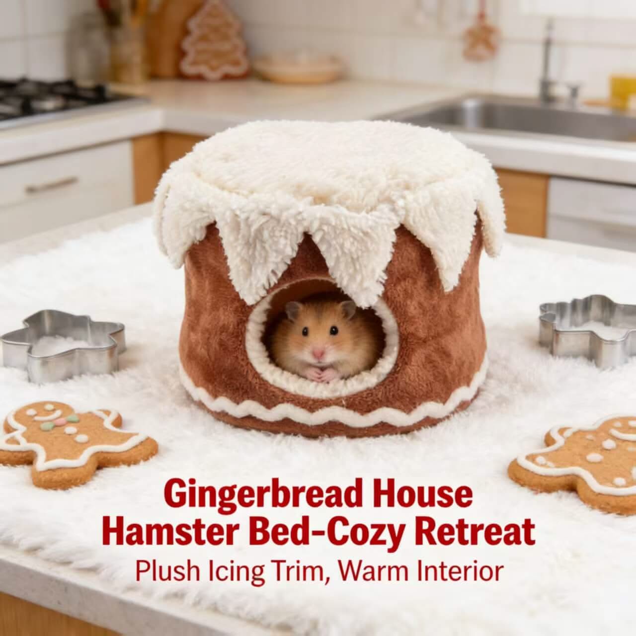 Cozy-Retreat Hamster House for Hamsters - Gingerbread Shape, Plush Icing Trim, Warm Interior