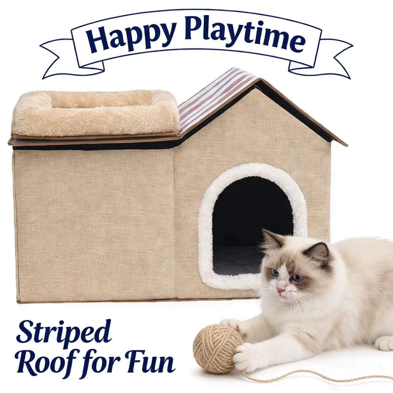 2-in-1 Cat Bed & House - Cottage Shape, Linen + Plush, Beige Enclosed Rest Space