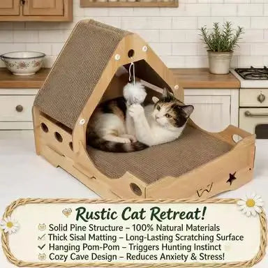 Star-Cut Cat Scratcher: Rest & Scratch, Interactive Pom-Pom, Wooden Frame (Beige)