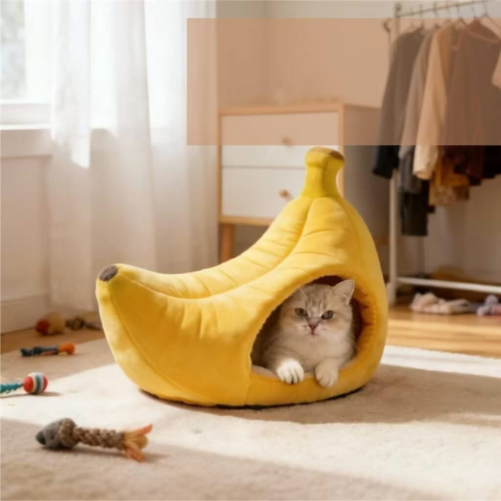 Adorable Banana-Shaped Pet Cave Bed for Cats - Plush, Yellow, Cozy Hiding Spot, All-Season