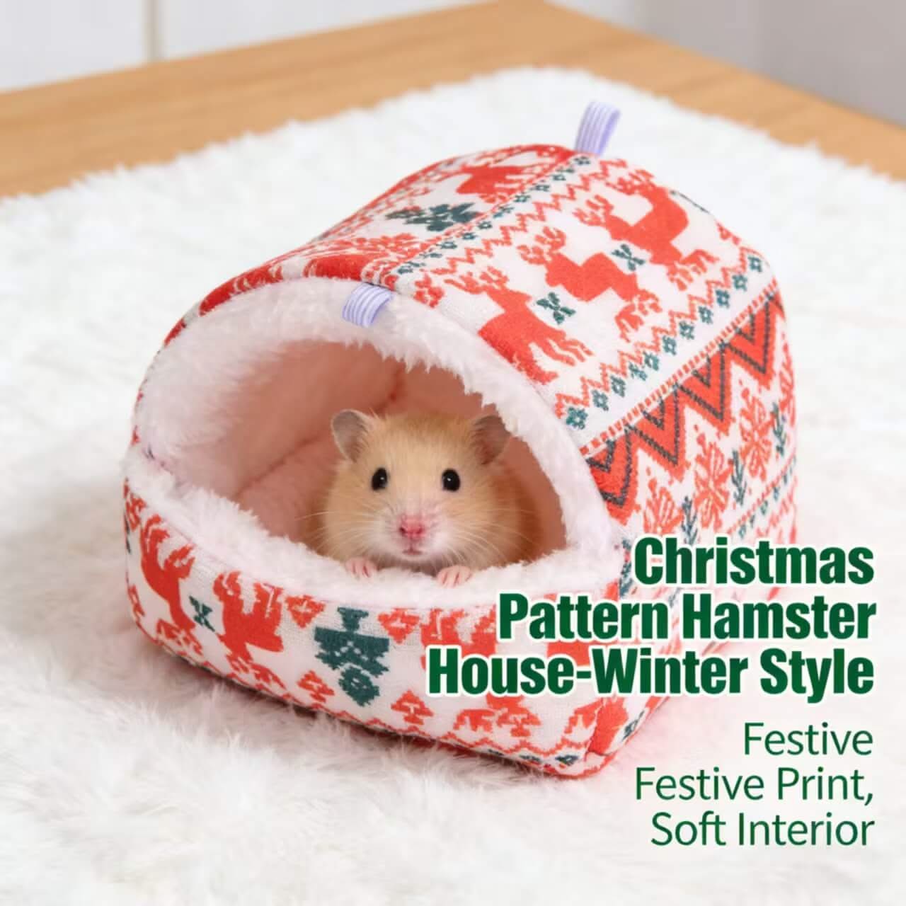 Festive Winter Hamster House for Hamsters - Christmas Pattern, Soft Interior, Red-White-Green