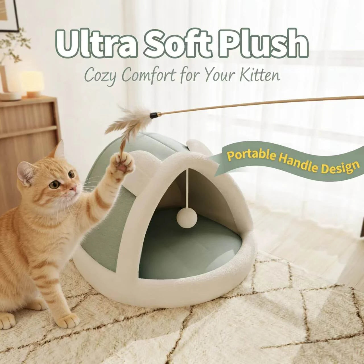 Warm Enclosed Cat Nest - Bear Shape, Soft Plush, Green/White, Hanging Toy for Play