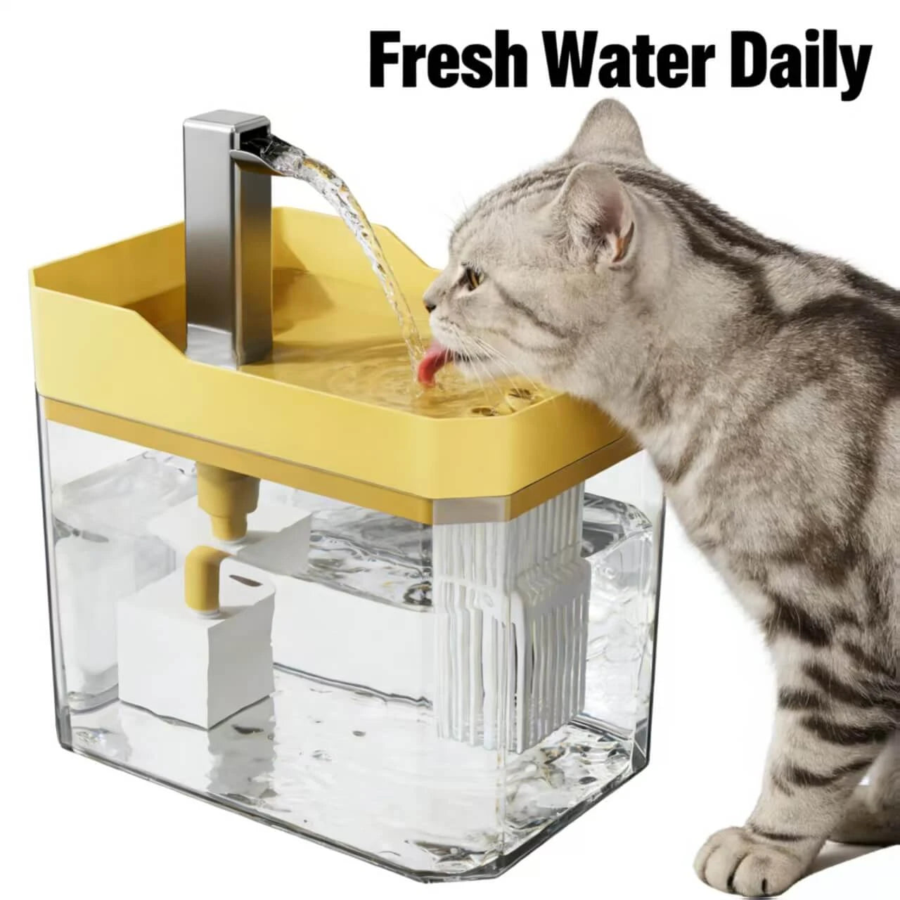 Flowing Pet Water Dispenser - Filtered, Visible Reservoir, Yellow