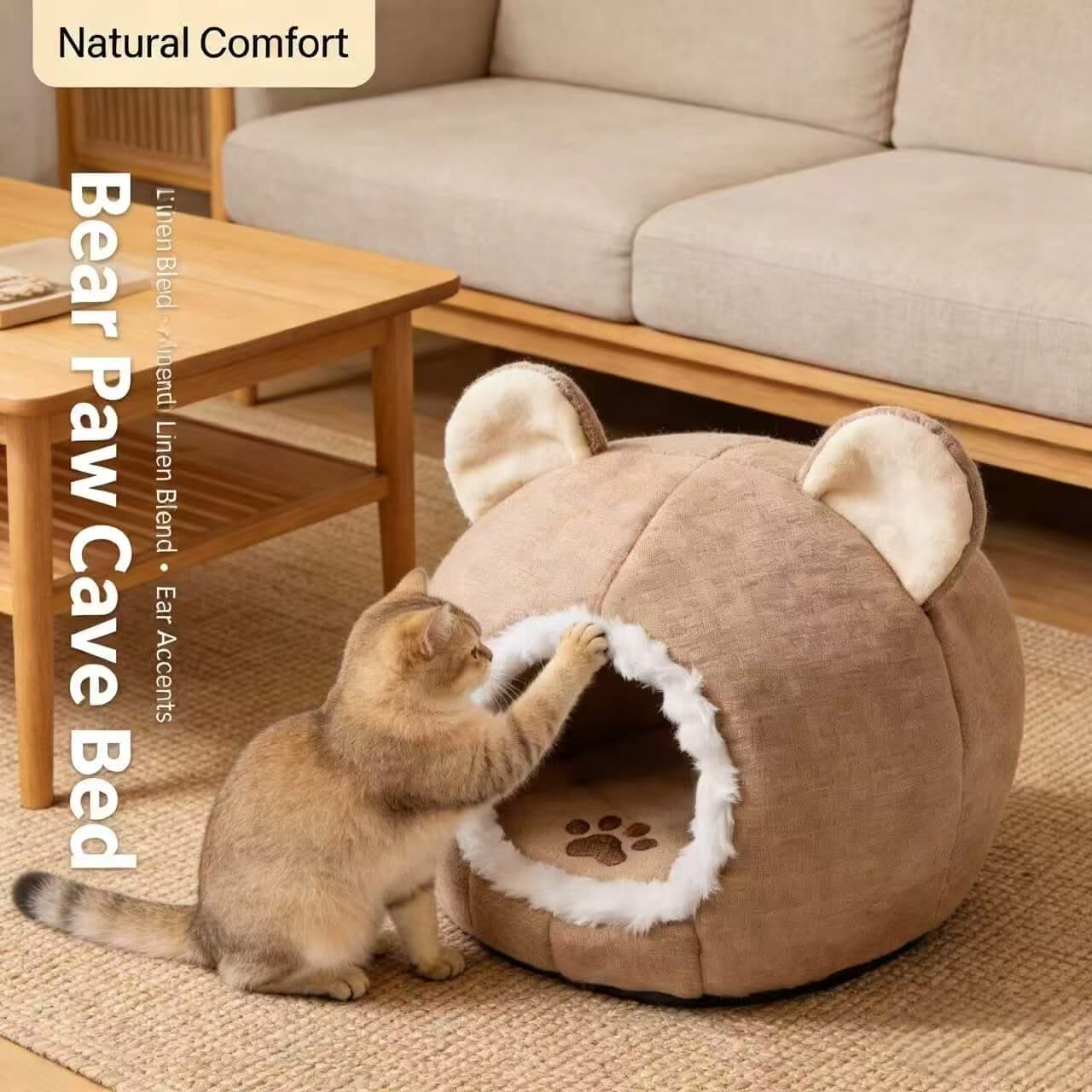 Adorable Bear-Ear Pet Cave Bed for Cats- Paw-Print, Plush, Brown, Cozy Hiding Spot, All-Season
