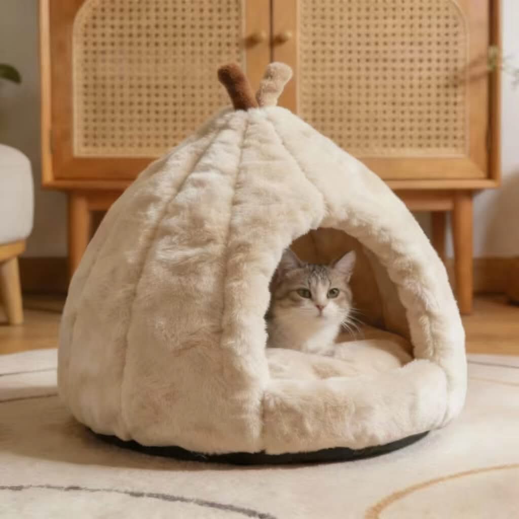Adorable Peach-Shaped Pet Cave Bed for Cats - Plush, Cream, Cozy Hiding Spot, All-Season