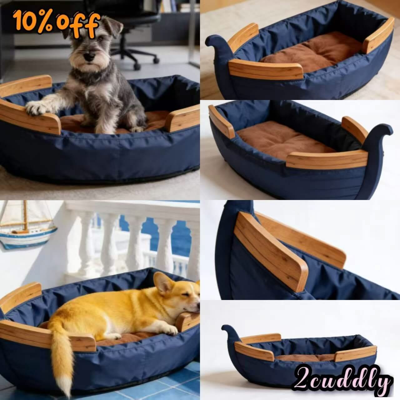 Boat Style Dog Bed, Nautical Theme Waterproof Fabric Navy for Small-Medium Dogs