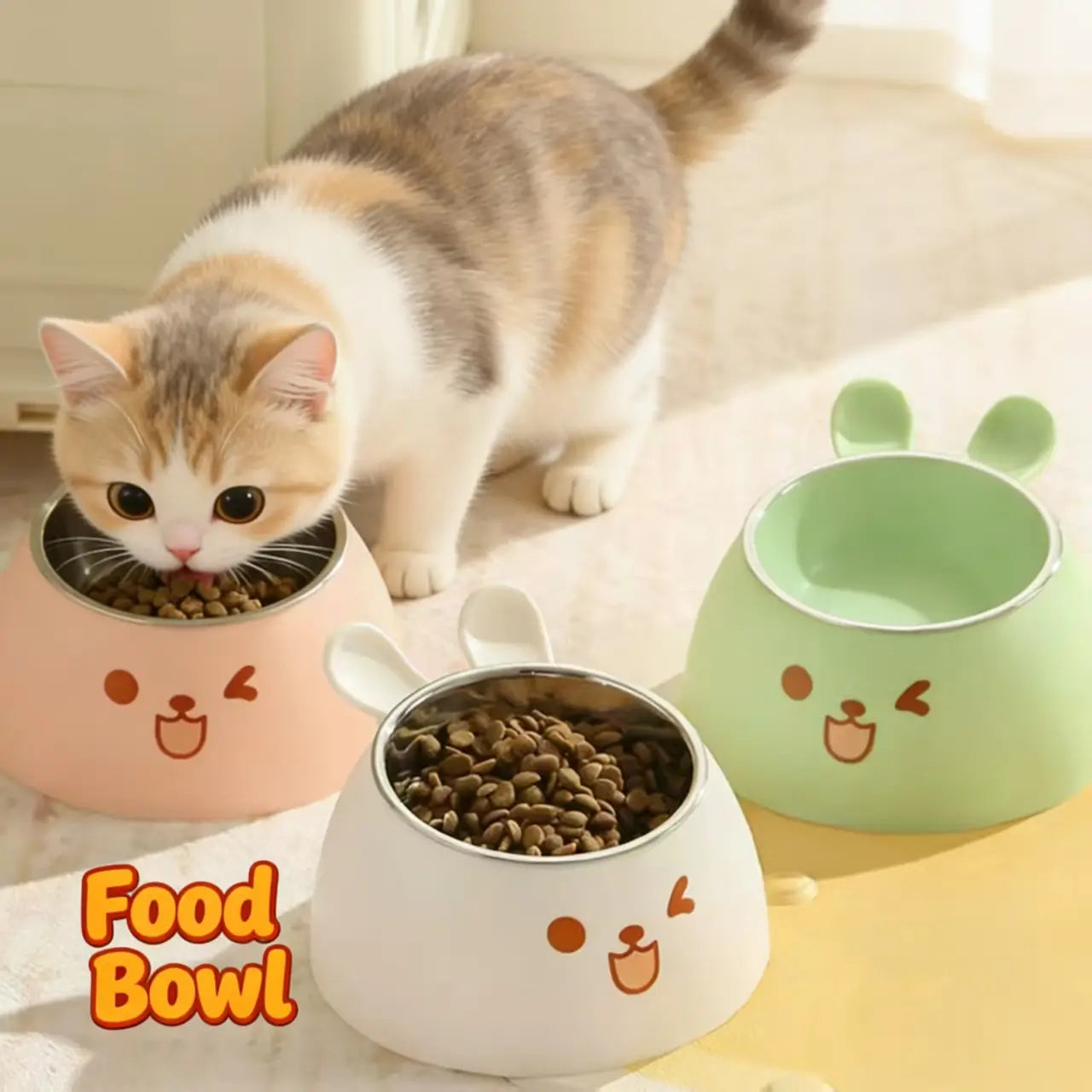 Elevated Cat Feeding Bowl: Ergonomic Design, Stainless Steel, Bunny Ear Shape