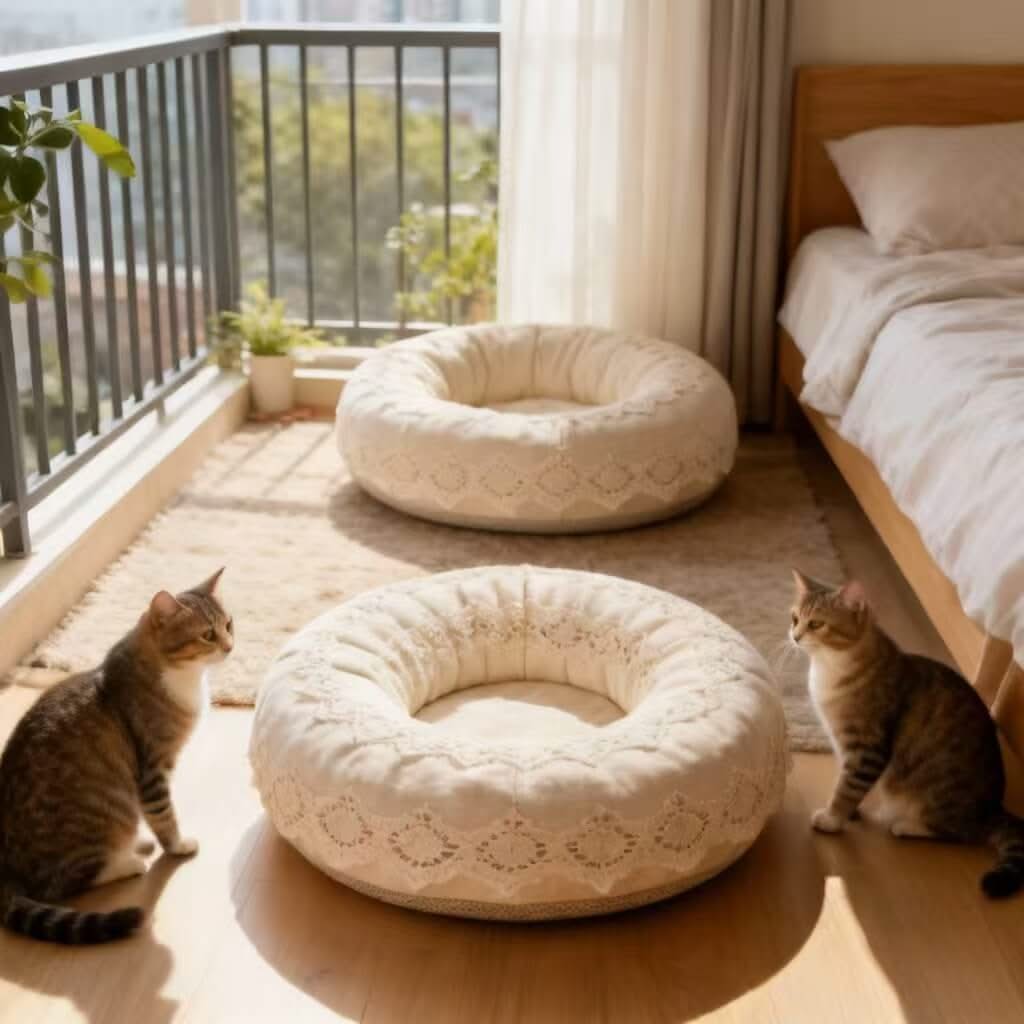 Elegant Lace Pet Bed for Cats - Round, Plush, Cream, Cozy Cushion, All-Season