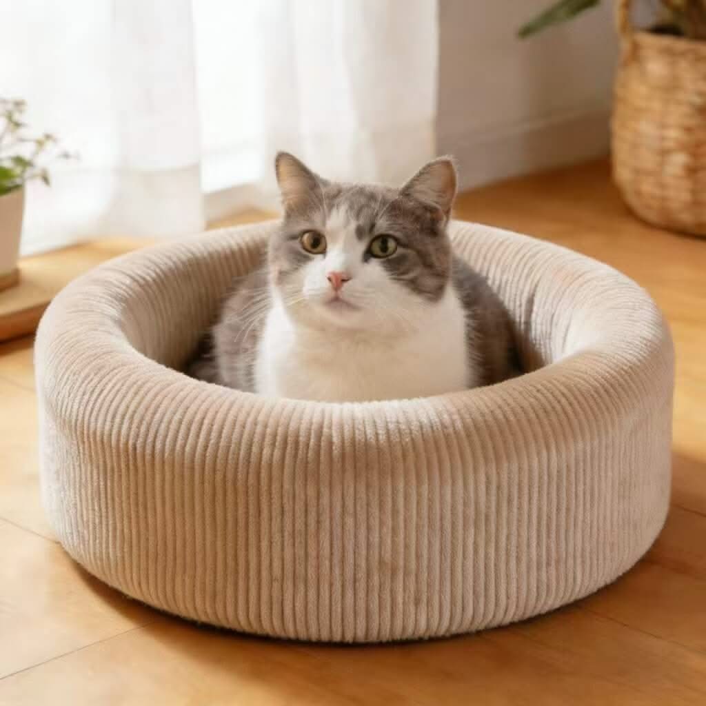 Corduroy Pet Bed for Cats - Beige, Round, Soft Fabric, Cozy Cushion, All-Season
