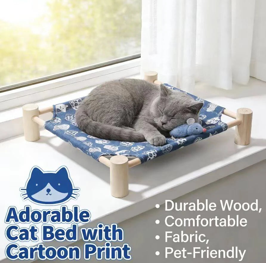 Breathable Pet Cot for Cats - Wood Legs, Canvas, Yellow Geometric Pattern Rest Bed