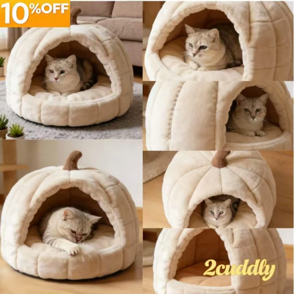 Adorable Pumpkin Pet Cave Bed for Cats- Plush, Cozy Hiding Spot, Beige, All-Season
