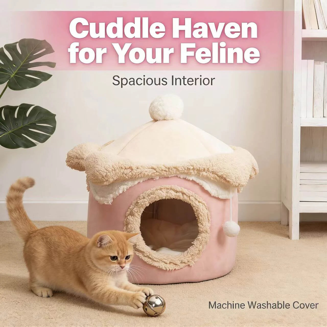 Warm Enclosed Pet House for Cats - Plush, Pink/Beige, Hanging Toy Cozy Rest Cottage