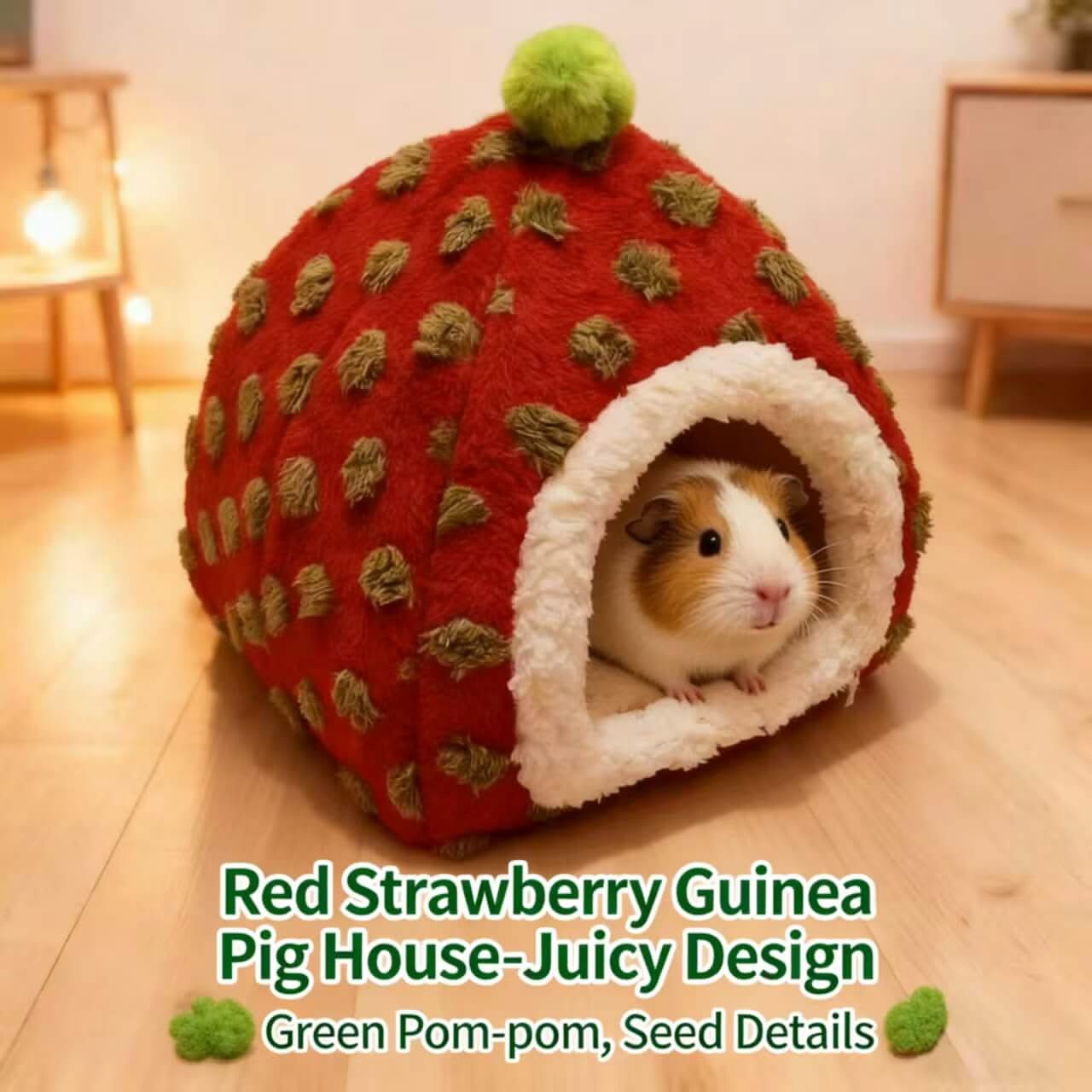 Juicy-Design Guinea Pig House for Guinea Pigs - Strawberry Shape, Red, Green Pom-pom, Seed Details