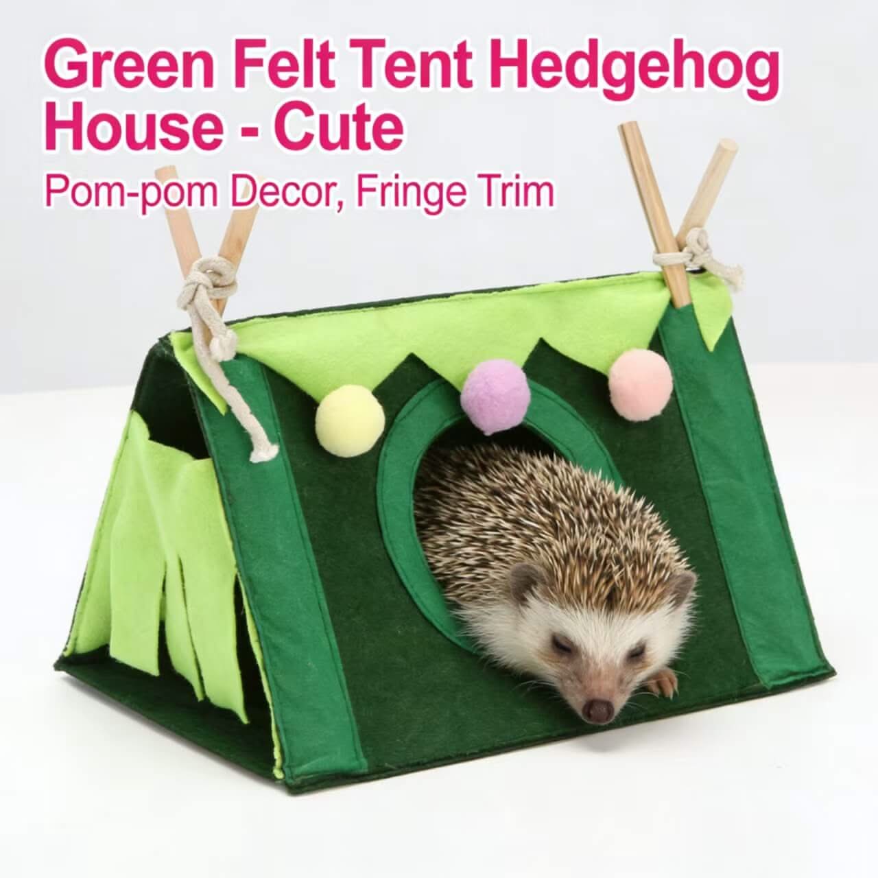 Cute Green Felt Tent Hedgehog House: Pom-pom Decor, Fringe Trim for Hedgehogs
