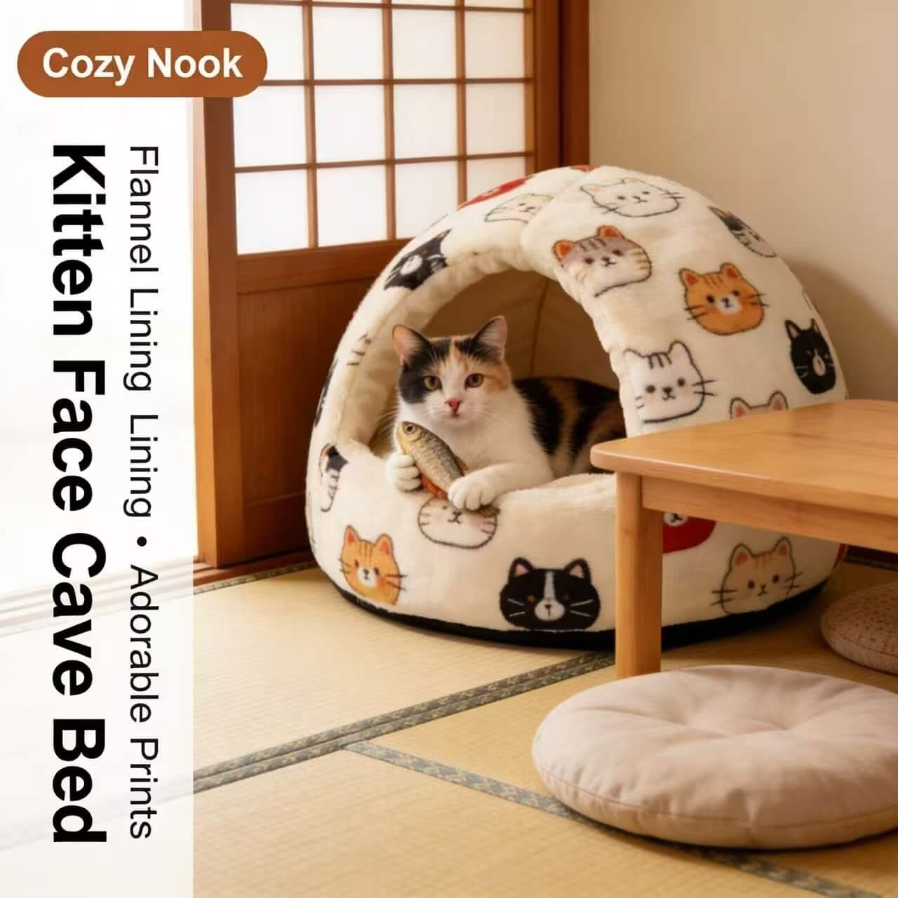 Adorable Cat-Print Pet Cave Bed for Cats - Plush, Cozy Hiding Spot, Multi-Cat Pattern, All-Season