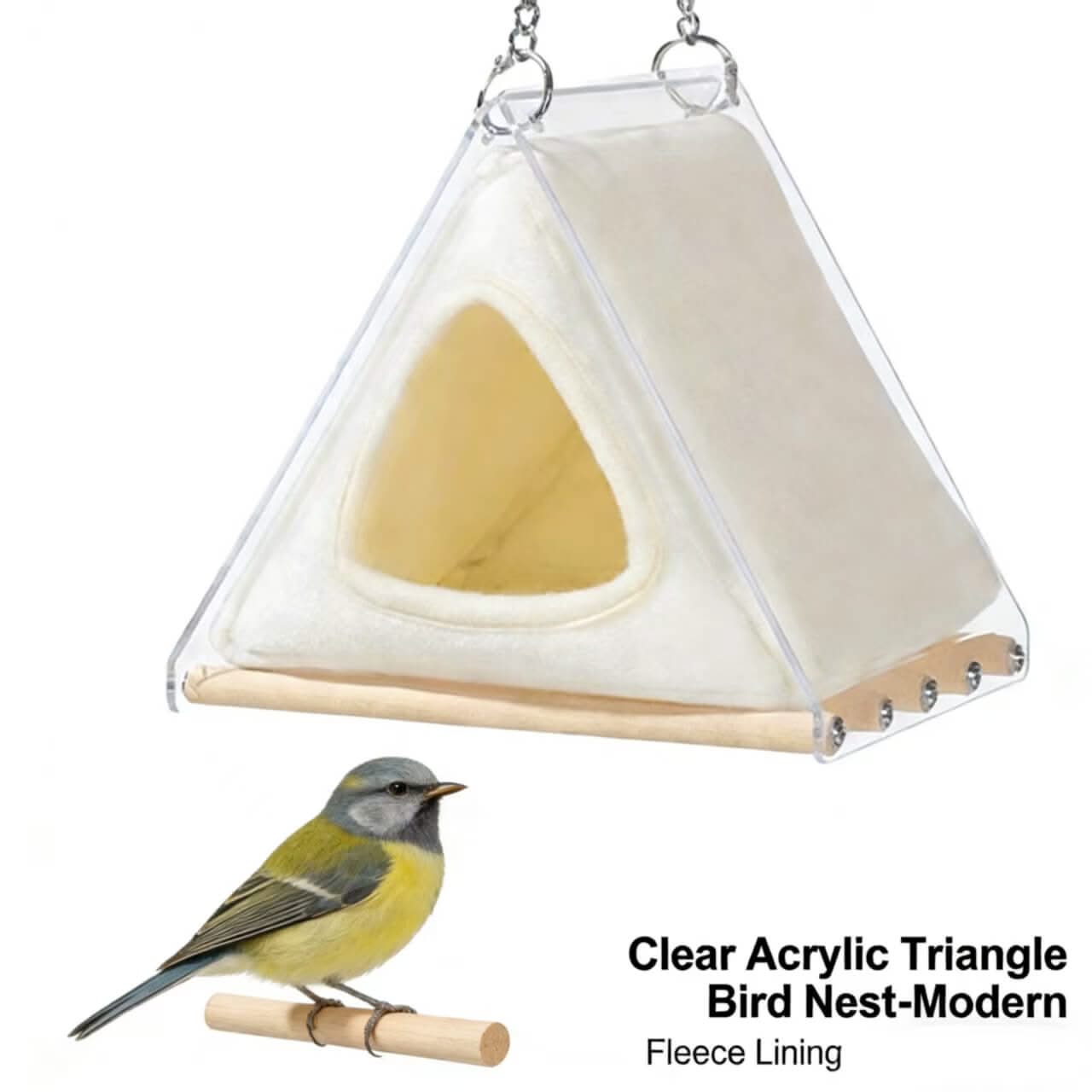 Modern Clear Acrylic Triangle Bird Nest: Fleece Lining for Small Birds