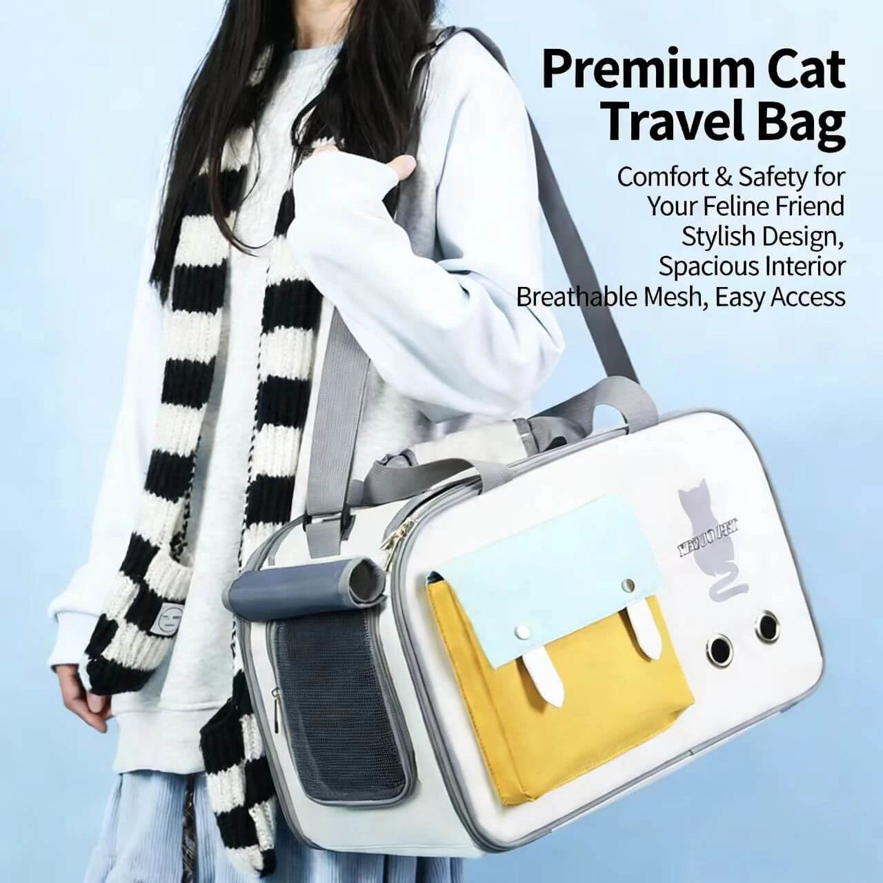 Travel Cat Carrier Bag - Lightweight, Adjustable Strap, Casual Style