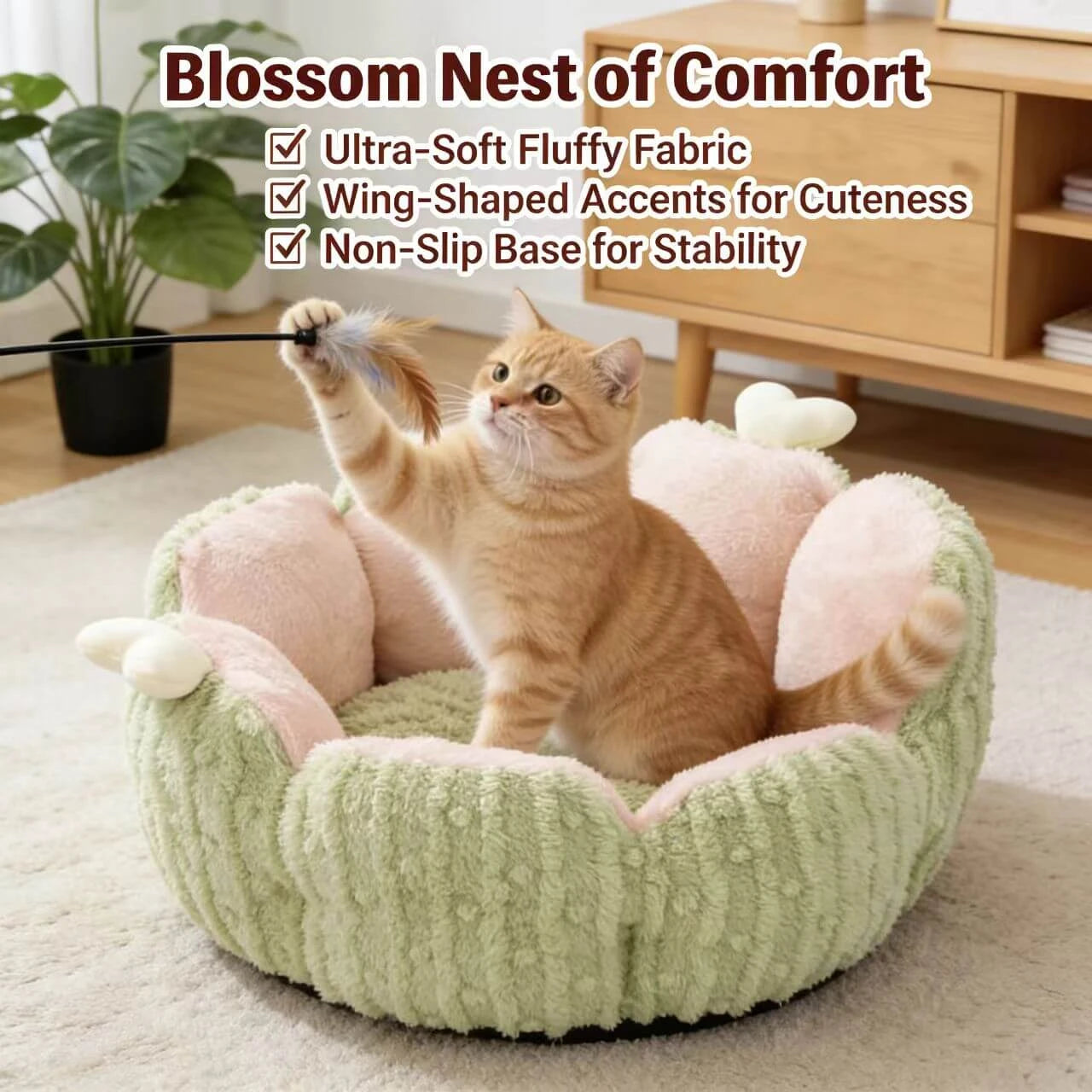 Soft Pet Sofa for Cats - Flower Design, Plush Corduroy, Green/Pink Rest Bed