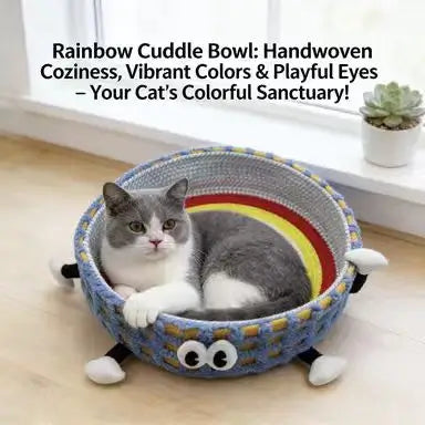 Cartoon Durable Cat Bed: Cotton Rope-Woven, Scratch-Resistant Rainbow Design for Cats